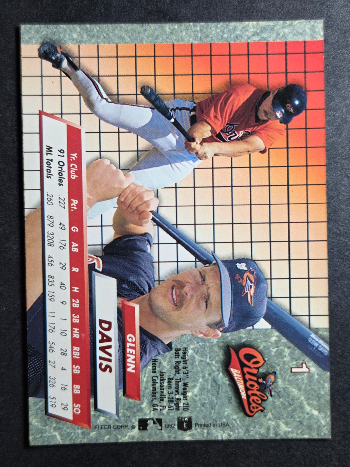 1992 Ultra Glenn Davis #1 Orioles Excellent