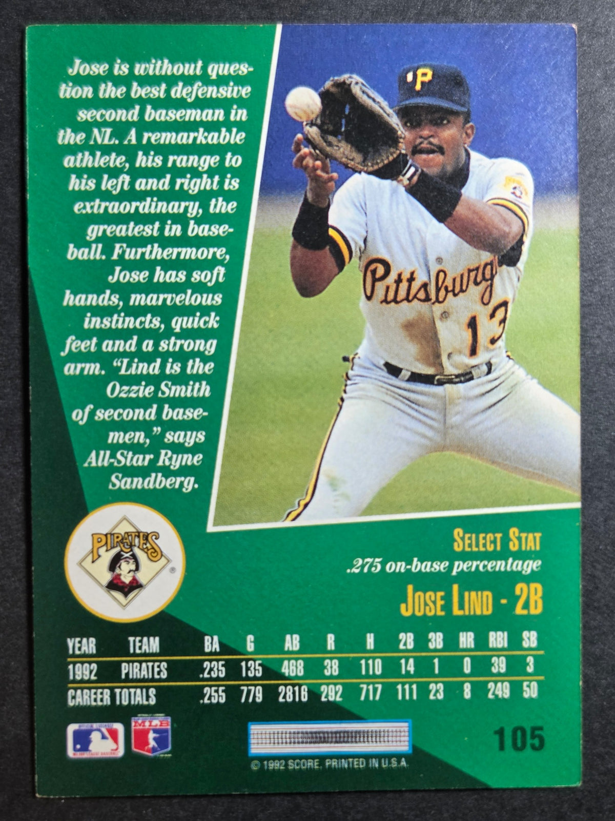 1993 Select Jose Lind #105 Pittsburgh Pirates Excellent
