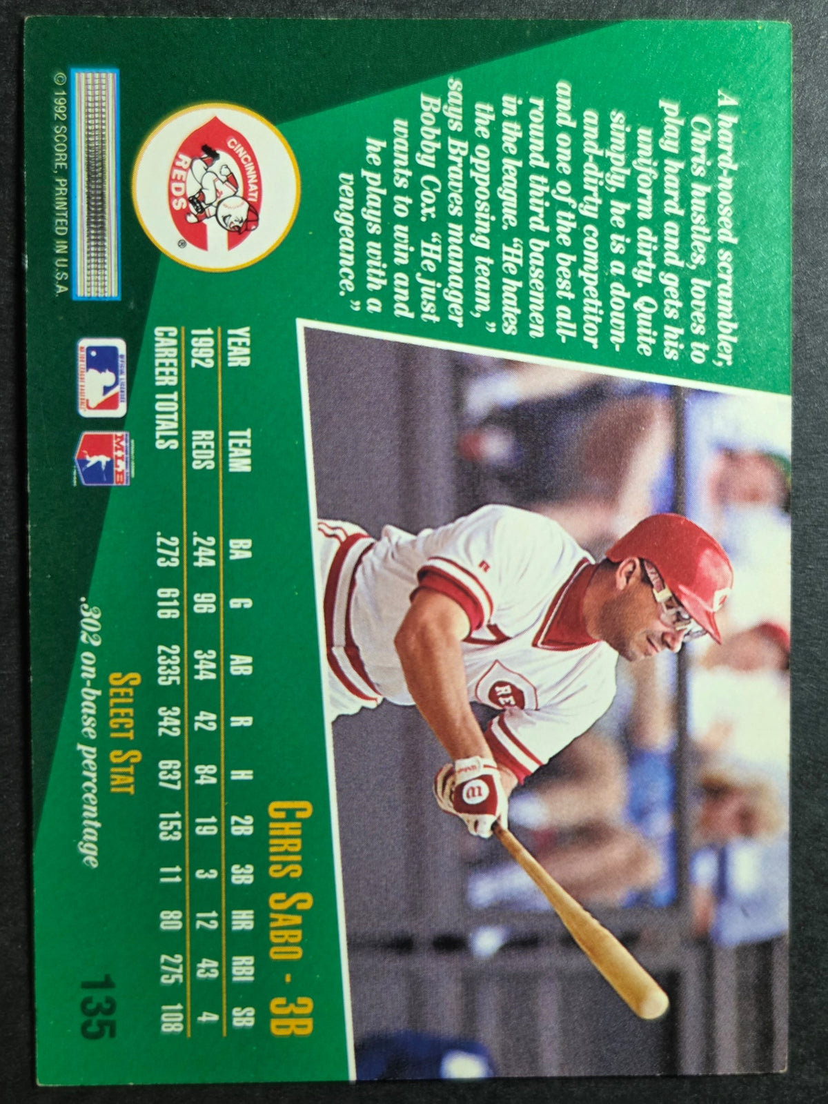 1993 Select Chris Sabo #135 Cincinnati Reds Excellent