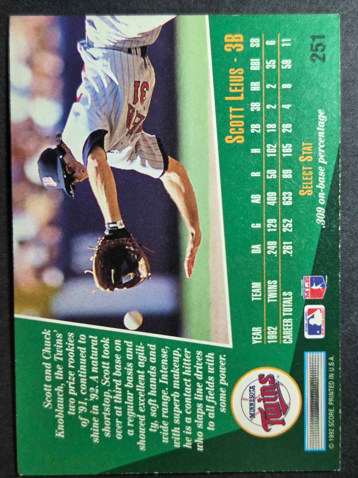 1993 Select Scott Leius #251 Minnesota Twins Excellent
