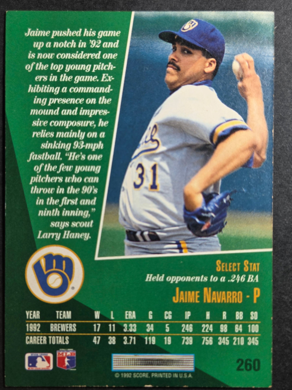 1993 Select Jaime Navarro #260 Milwaukee Brewers Excellent
