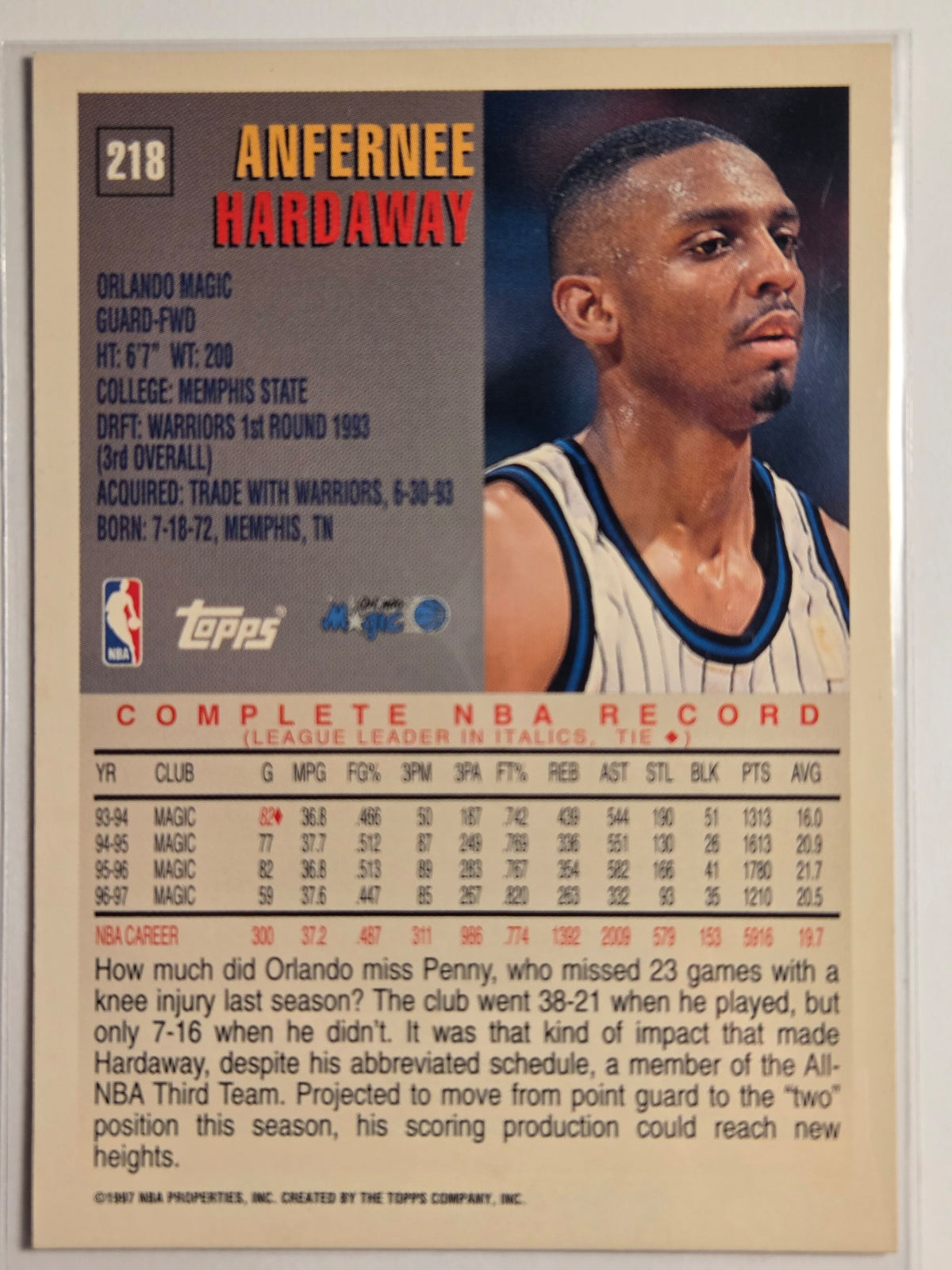 1997-98 Topps Anfernee Hardaway #218 Magic Near Mint or Better