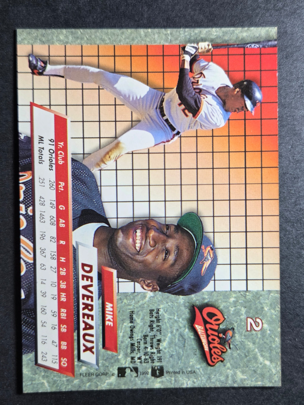 1992 Ultra Mike Devereaux #2 Orioles Excelente