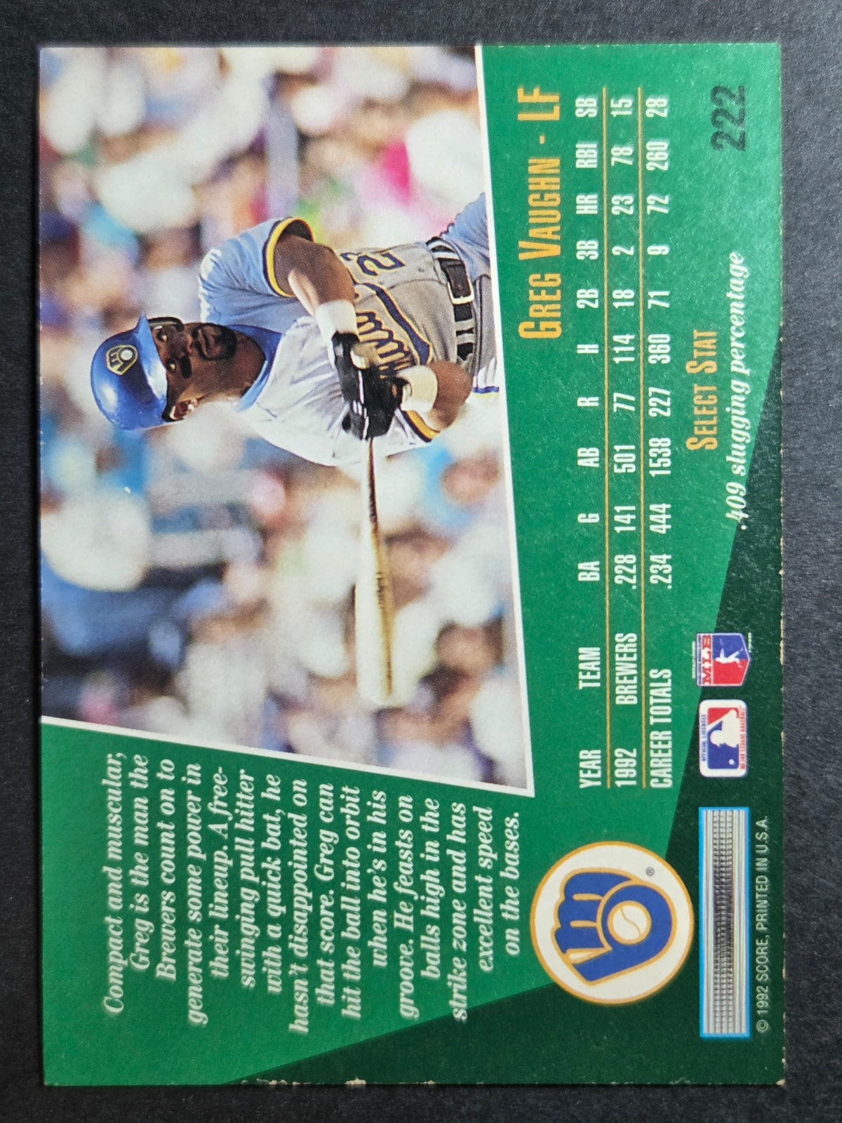 1993 Select Greg Vaughn #222 Milwaukee Brewers Excellent