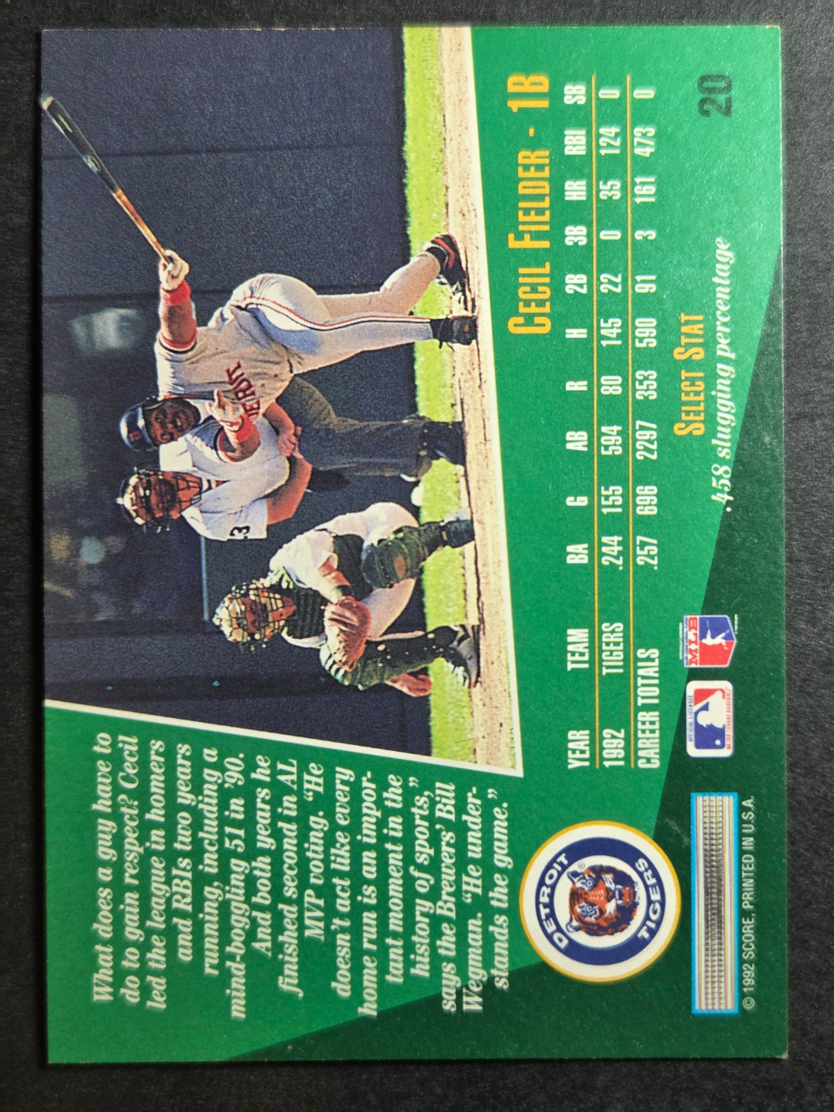 1993 Select Cecil Fielder #20 Detroit Tigers Excellent