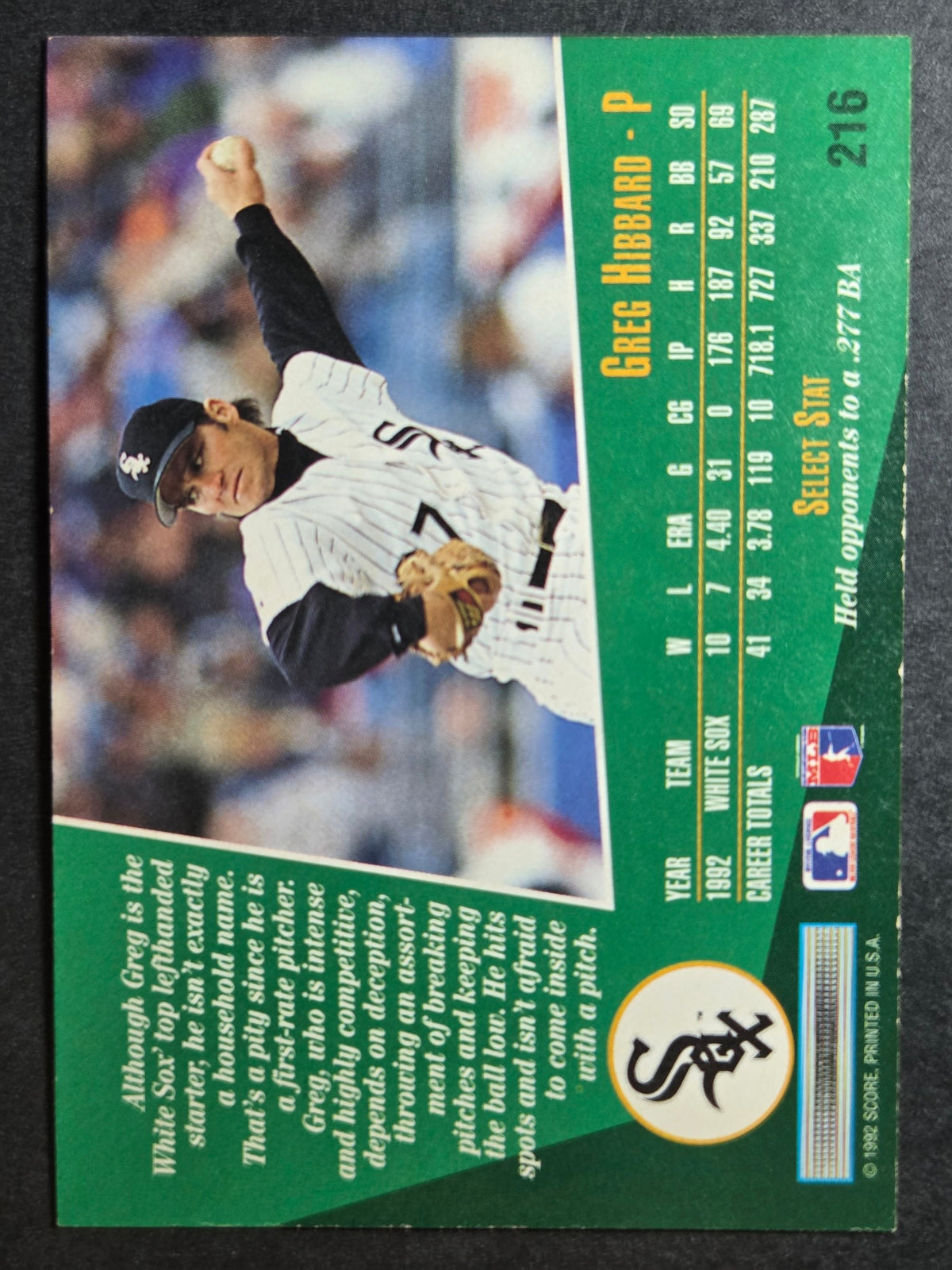 1993 Select Greg Hibbard #216 Chicago White Sox Excellent