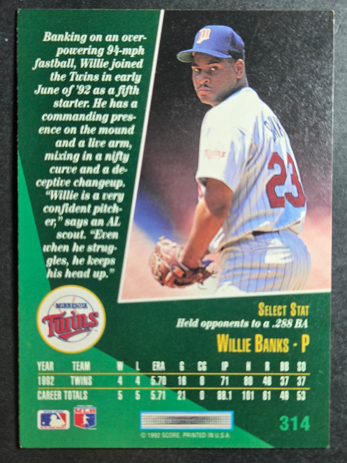 1993 Select Willie Banks #314 Minnesota Twins Excellent