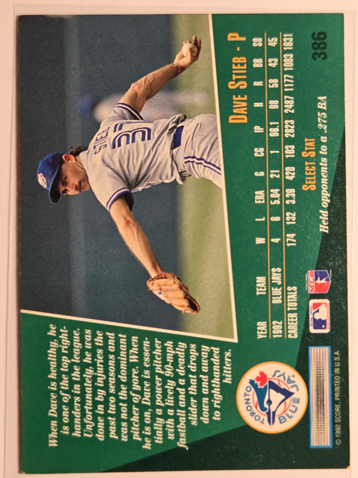 1993 Select Dave Stieb #386 Toronto Blue Jays Excellent