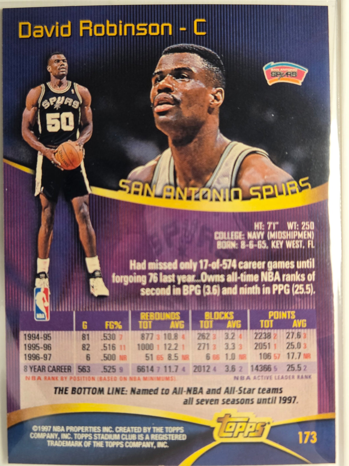 1997-98 Stadium Club David Robinson #173 Spurs Excellent