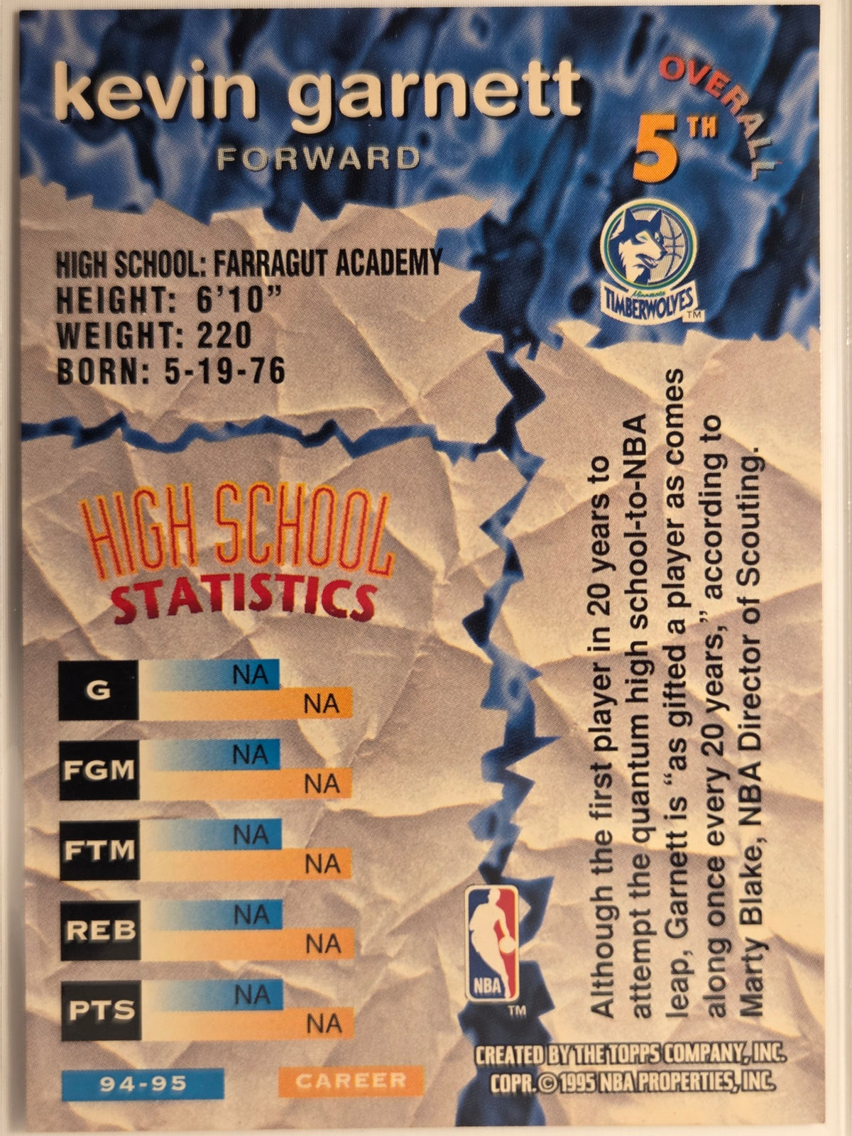 1995-96 Stadium Club Kevin Garnett #5 Draft Picks Timberwolves Excellent