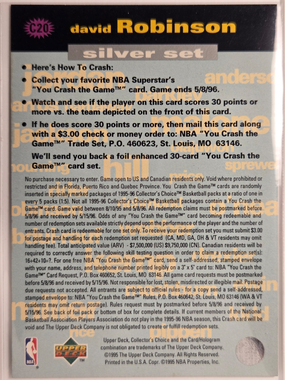 1995-96 Collector's Choice #C20 David Robinson Crash the Game Silver Exchange